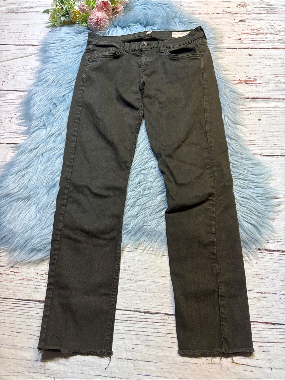 Rag & Bone Aged Dark Olive The Dre Rae Hem Jeans sz 26
